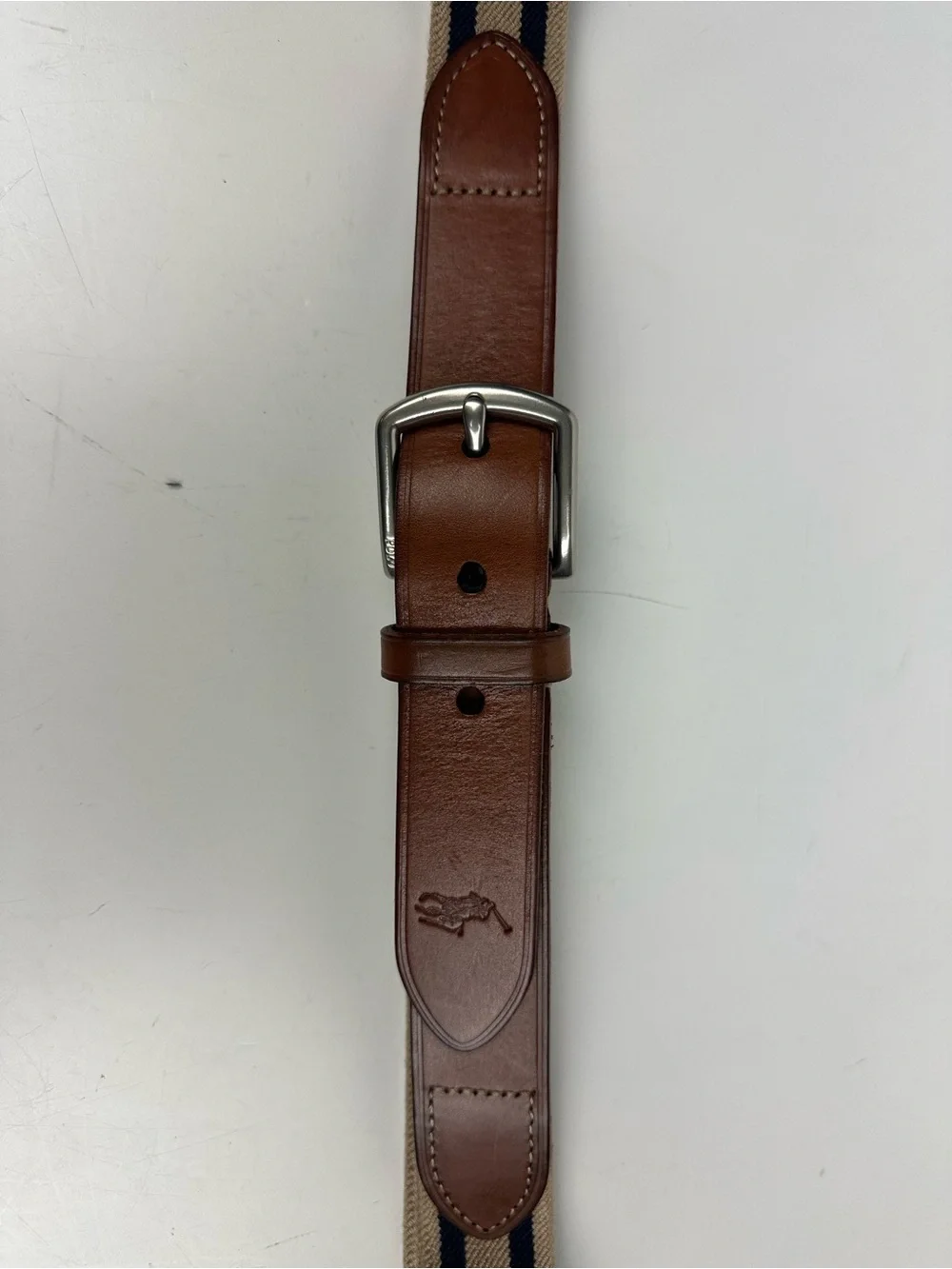 Polo by Ralph Lauren Tan and Navy Striped Canvas Belt with Brown Leather